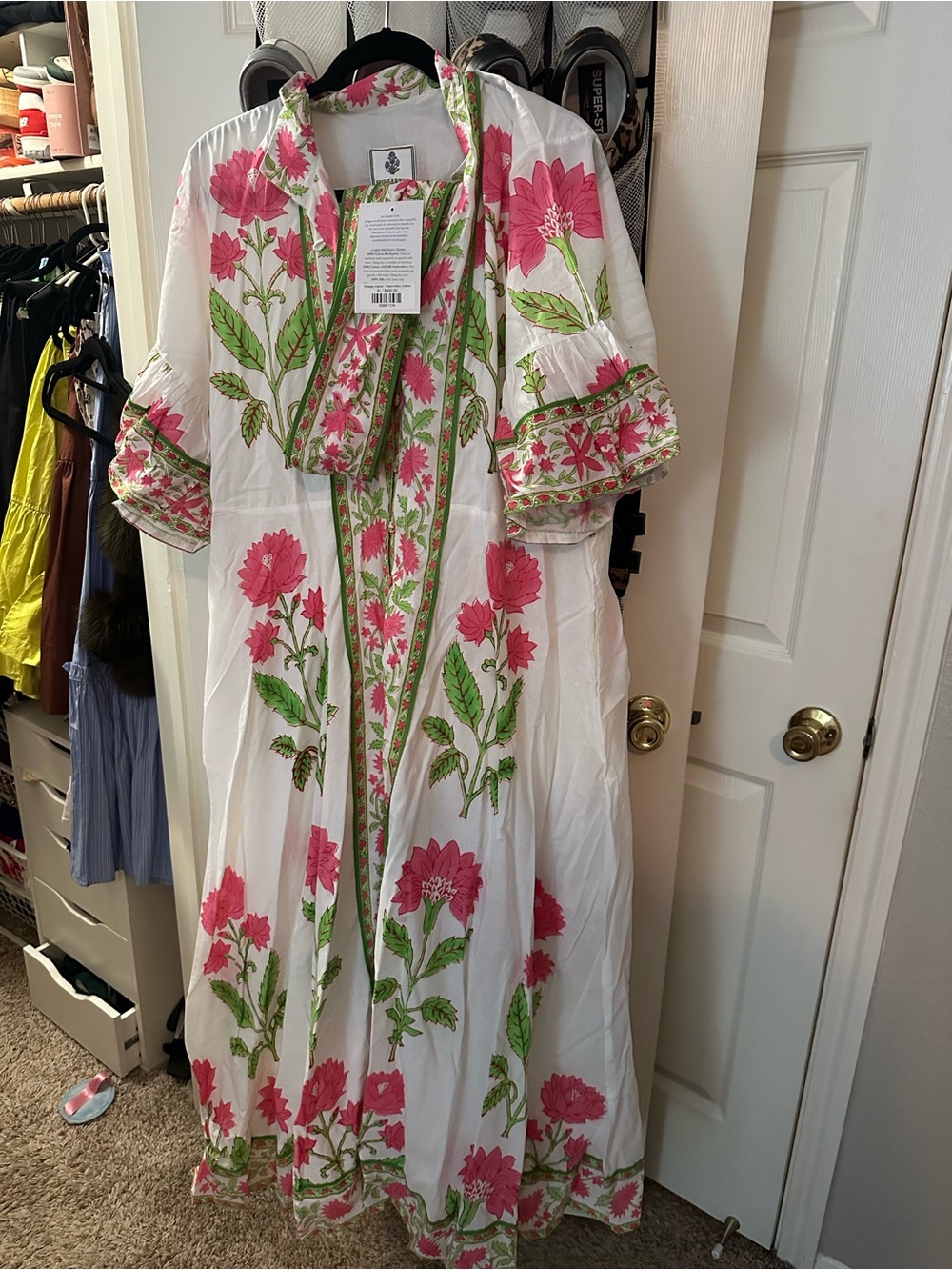 White Maxi Dress with Pink Floral block print watermelon colorway